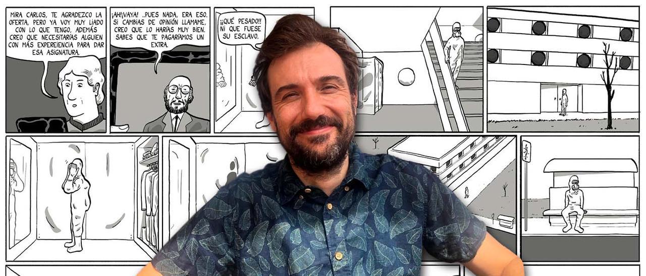 Jaume Pallardó e unha viñeta do seu cómic de ciencia ficción &quot;La muerte rosa&quot;