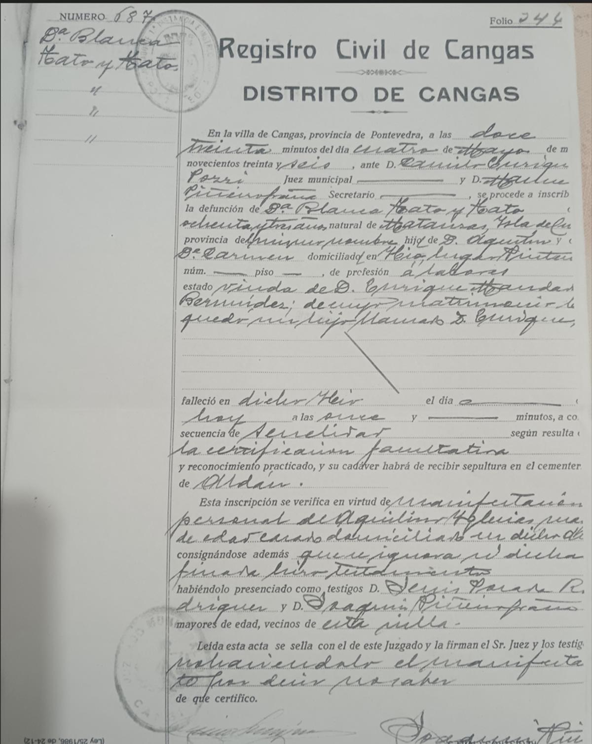 Acta de defunción de Blanca Tato, en mayo de 1936.