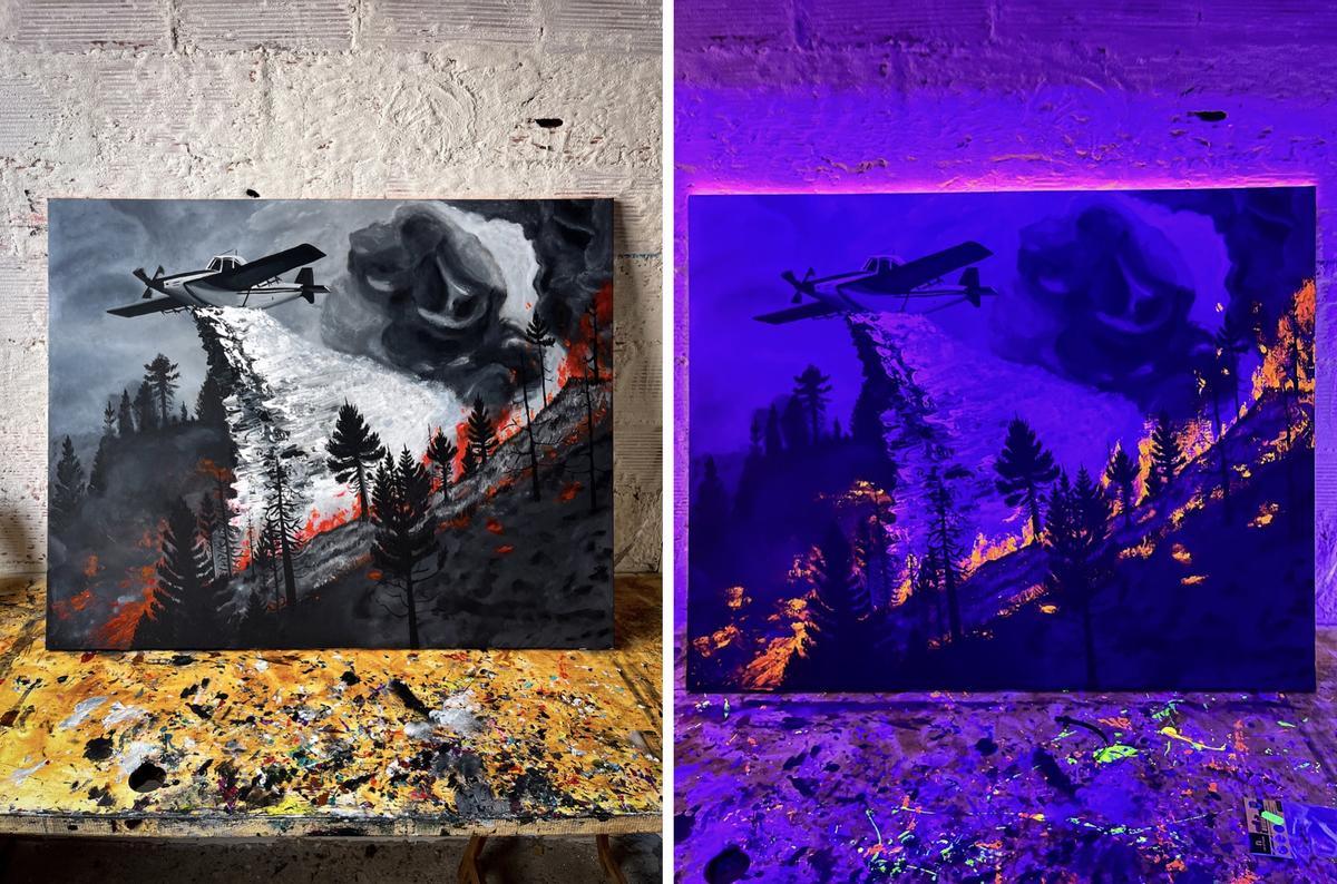 Las dos opciones de visualización de la obra creada por Víctor Fernández a partir del incendio forestal de la Vall d'Uixó.