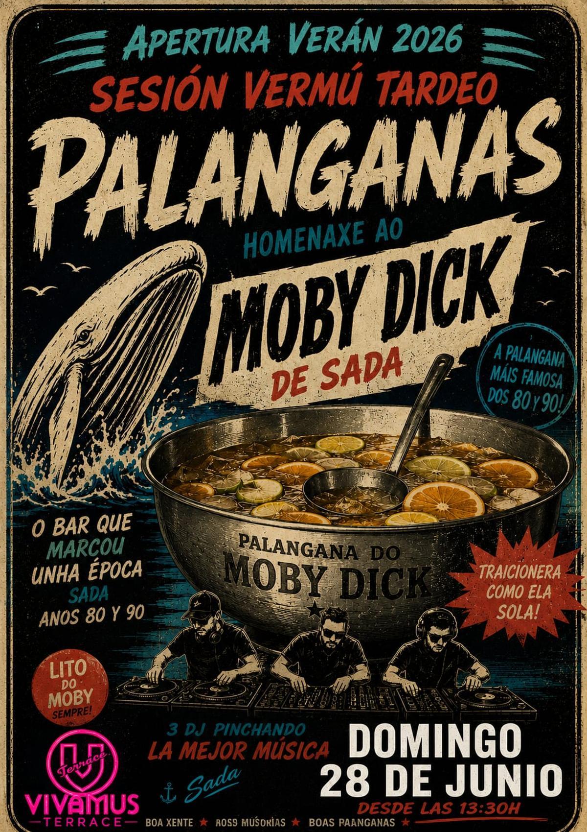 Cartel del Vivamus Terrace con la fiesta tributo al Moby Dick.
