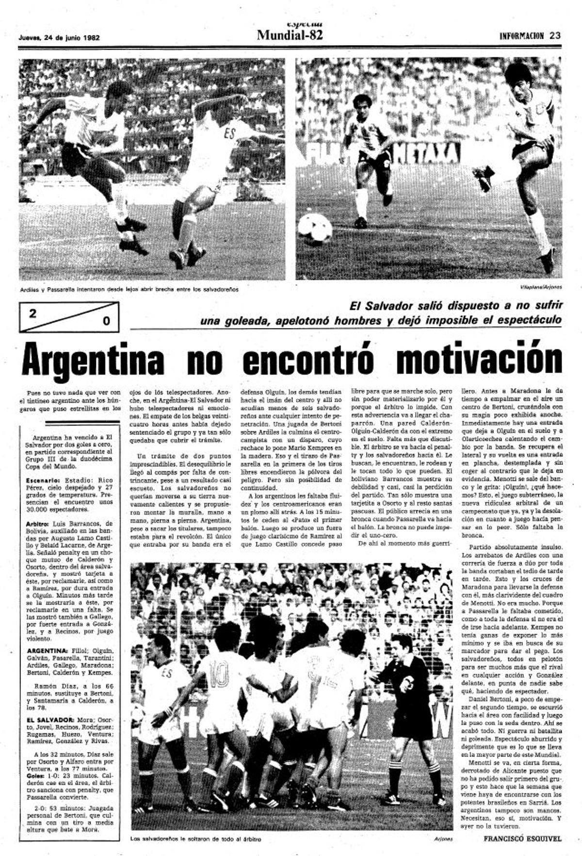 Página del especial Mundial-82 de INFORMACIÓN del 24 de junio de 1982, con la crónica de Francisco Esquivel sobre el Argentina-El Salvador disputado en el estadio José Rico Pérez de Alicante.