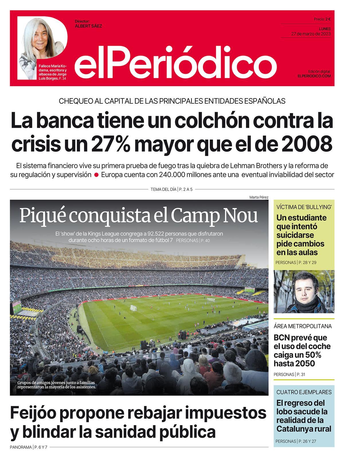 La portada d’EL PERIÓDICO del 27 de març del 2023