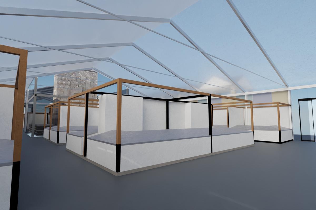 Interior del recinto con el monumento rodeado del muro de cristal, al fondo.