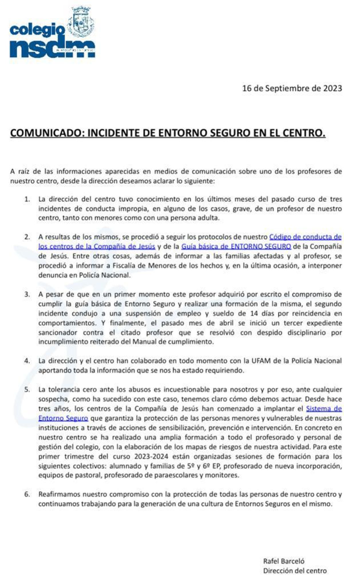 Comunicado del colegio Montesión de Palma.