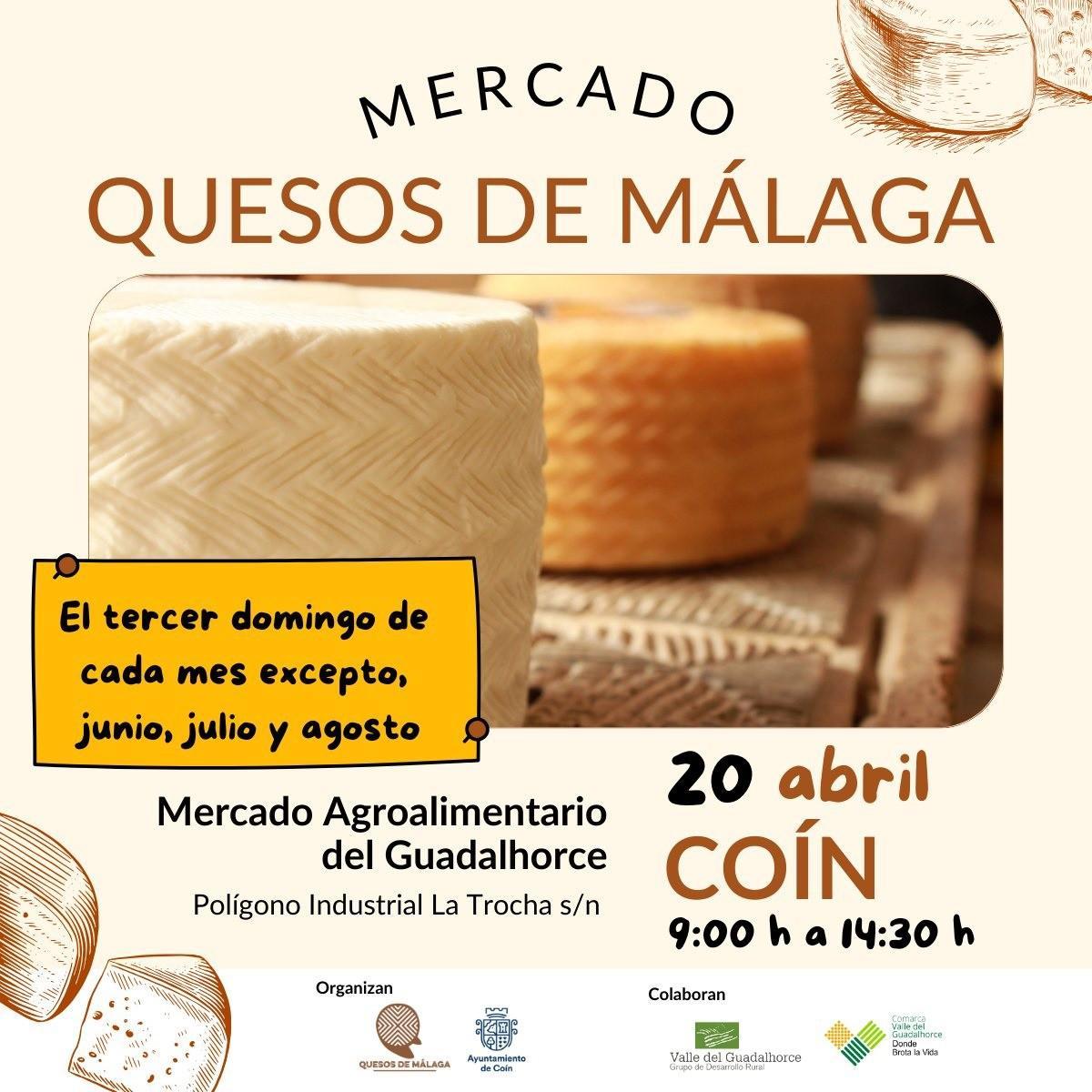 Cartel promocional del Mercado Quesos de Málaga que el próximo domingo 20 de abril estará en Coín.