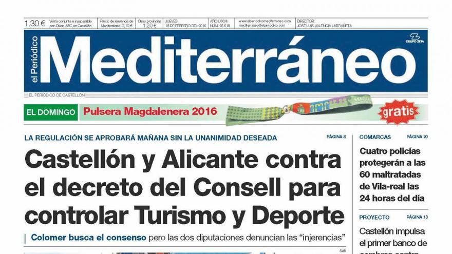 Castellón y Alicante contra el decreto del Consell para controlar Turismo y Deporte, en la portada de Mediterráneo