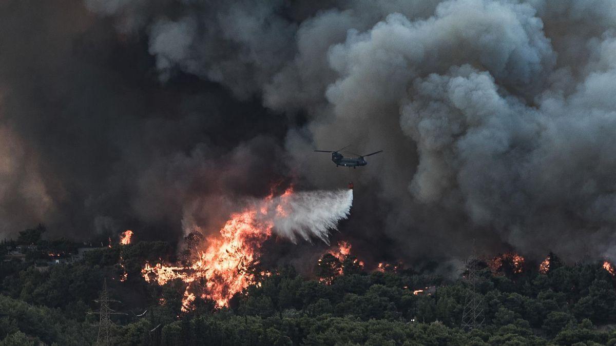 Un avión lanza agua sobre un incendio forestal declarado en una zona boscosa de Tatoi.