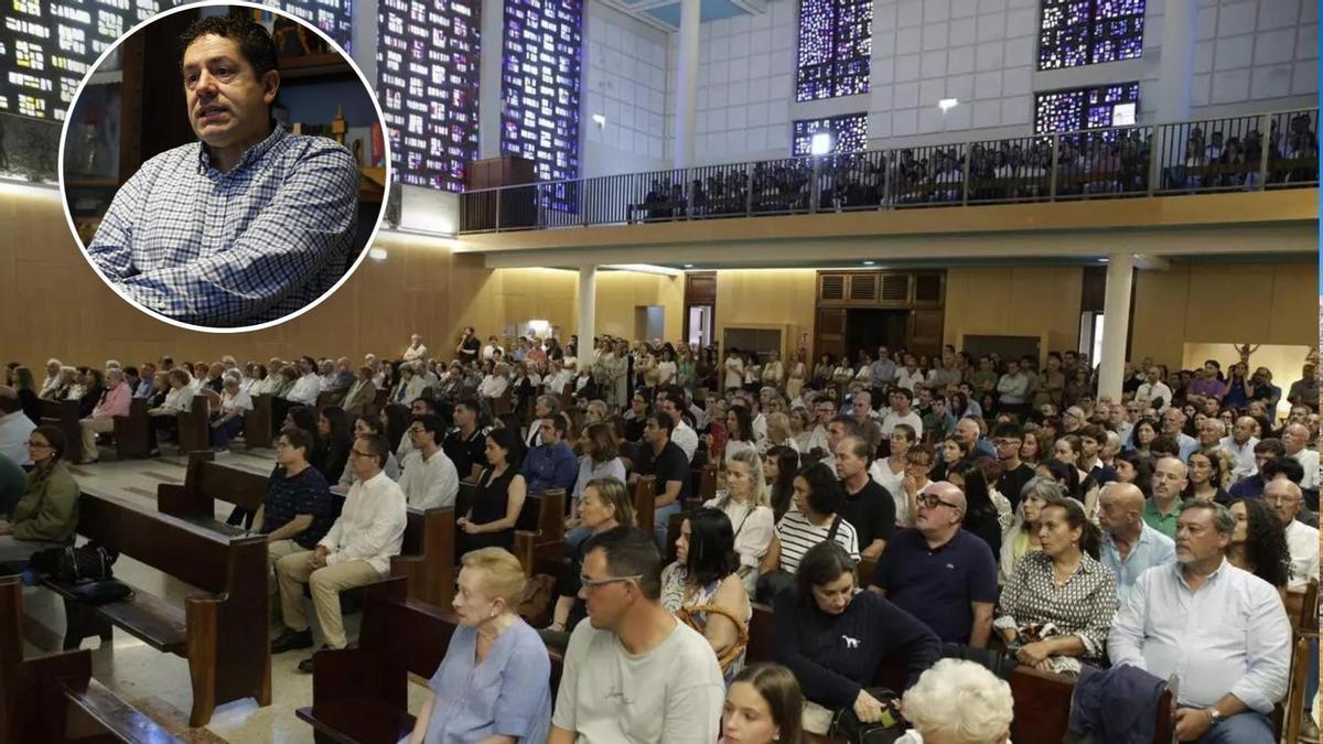 Asistentes al funeral de Félix Ruiz Mahamud, en la iglesia parroquial del Corazón de María; en el círculo, el fallecido.