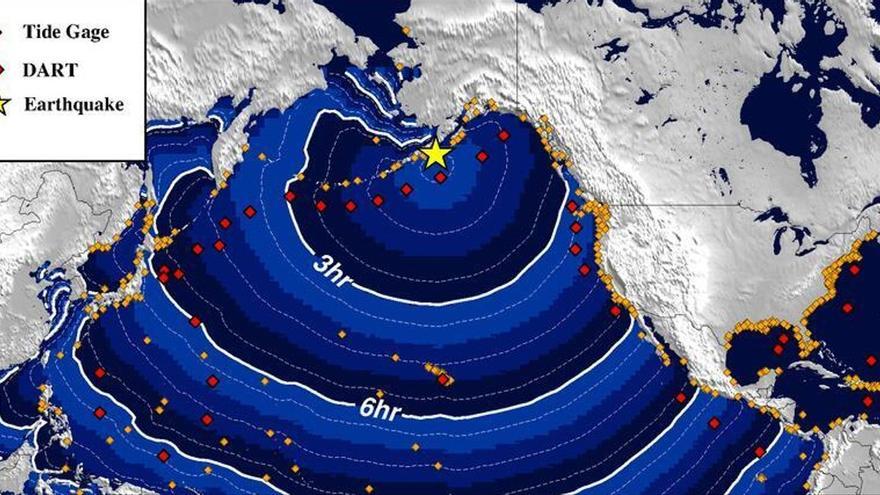 Diagrama que muestra el tiempo que tardaría en avanzar un tsunami generado por el terremoto en Alaska.