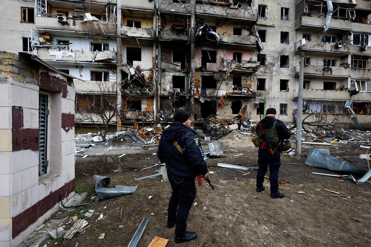 A residential building is damaged, after Russia launched a massive military operation against Ukraine, in Kyiv