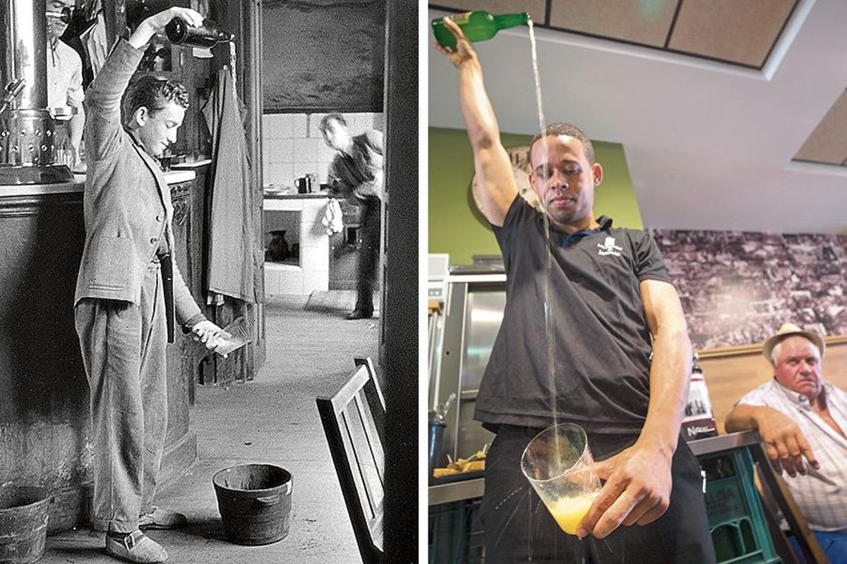 ANTES Y AHORA. A la izquierda, un hombre escancia sidra en el café de Colasín en 1948. A la derecha, Alejandro Morillo escancia sidra en un bar de Siero.