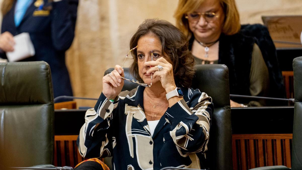 La consejera andaluza de Salud, Catalina García, comparece en el pleno del Parlamento por las listas de espera. / Eduardo Briones /Europa Press