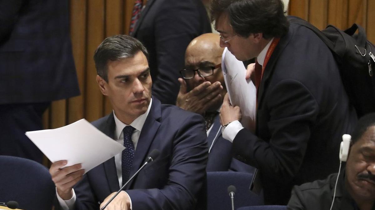 Pedro Sánchez en la reunión sobre acción para el mantenimiento de la paz, este martes en la ONU.