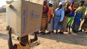 Un niño carga con una caja de alimentos de la PAM en Zimbabue, en una foto del 2015.