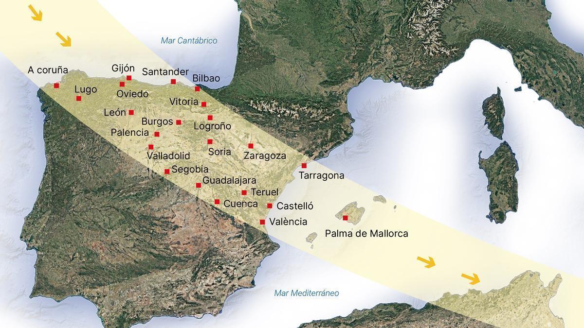 Franja donde mejor será el eclipse solar del 12 de agosto.