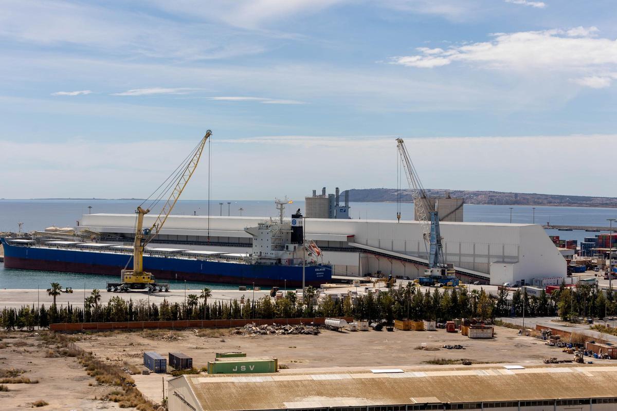 Un buque descargando mercancías en el Puerto de Alicante.