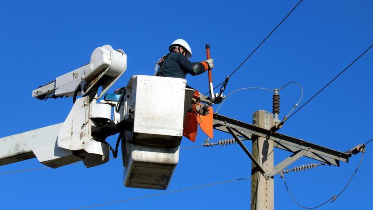 Obreros trabajan para mejorar una torre eléctrica de Endesa.