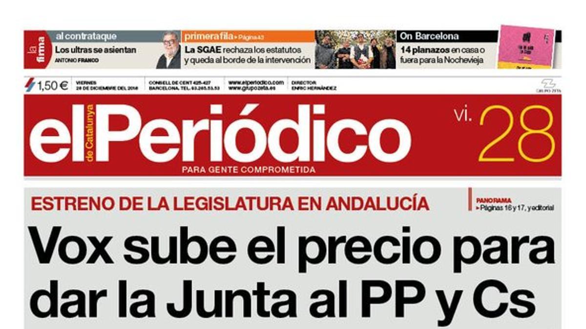 La portada de EL PERIÓDICO del 28 de diciembre del 2018