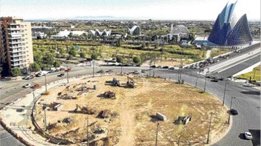 Obras en la rotonda junto a la Ciudad de las Artes y las Ciencias.