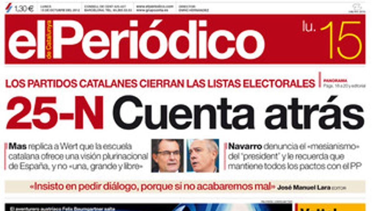 Portada de EL PERIÓDICO de este lunes.