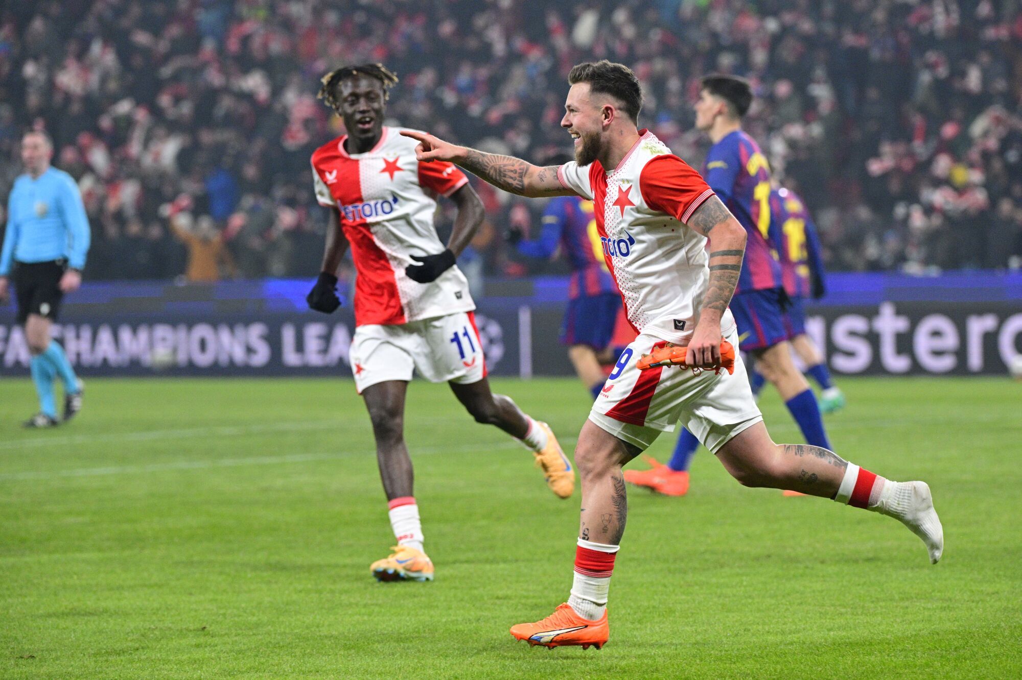 21 January 2026, Czech Republic, Prague: Slavia's Vasil Kushey celebrates scoring his side's first goal during the UEFA Champions League soccer match between SK Slavia Prague and FC Barcelona at Fortuna Arena. Photo: ·imánek Vít/CTK/dpa 21/01/2026 ONLY FOR USE IN SPAIN. ·imánek Vít/CTK/dpa;sports;soccer;football;UEFA Champions League - SK Slavia Prague vs FC Barcelona;