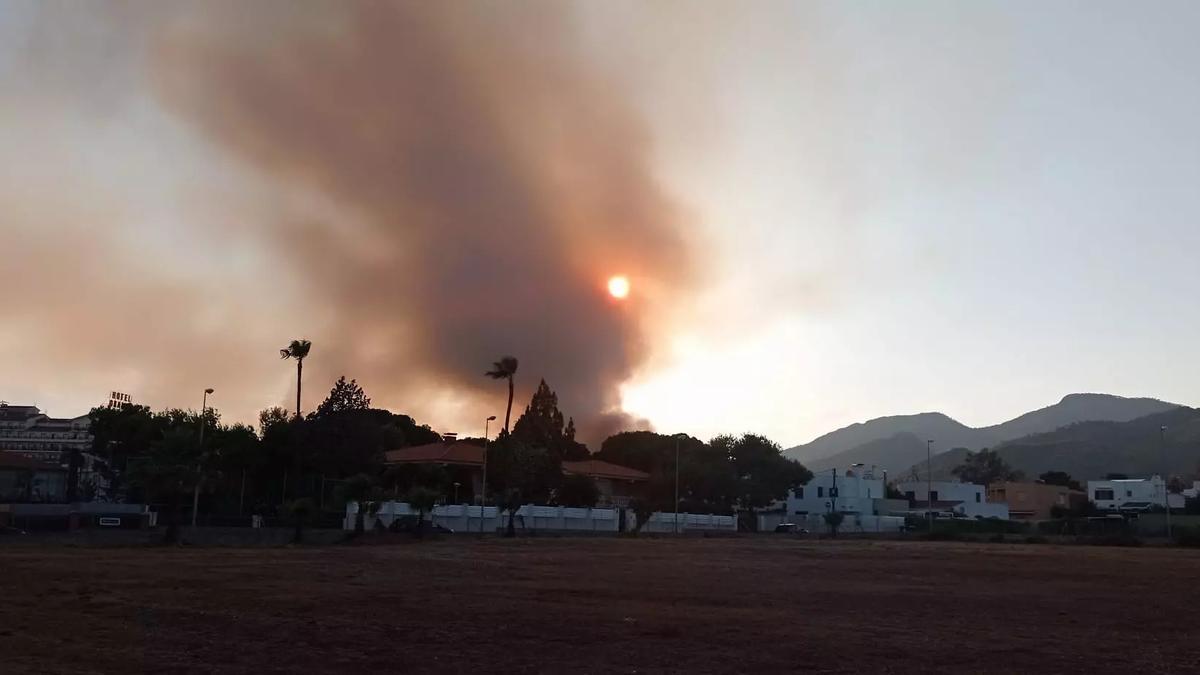Imagen del incendio forestal del Desert de les Palmes desde la Gran avenida de Benicàssim, a la altura de la playa dels Terrers. /