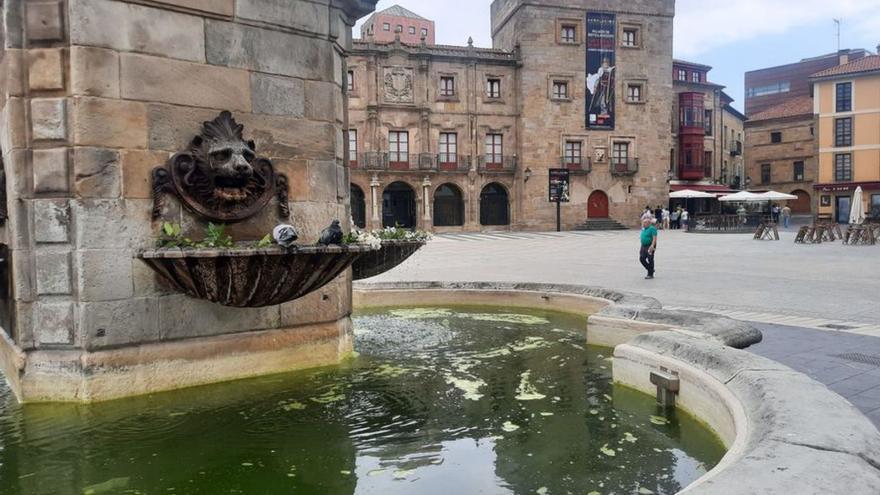 El agua de la fuente de Pelayo, teñida de verde