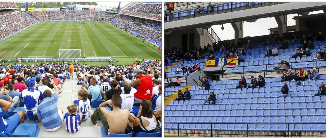 A la izquierda, aspecto del Rico Pérez en el debut en Liga en Primera frente al Athletic en 2010; a la derecha, imagen de la tribuna en la visita de El Ejido en 2022.