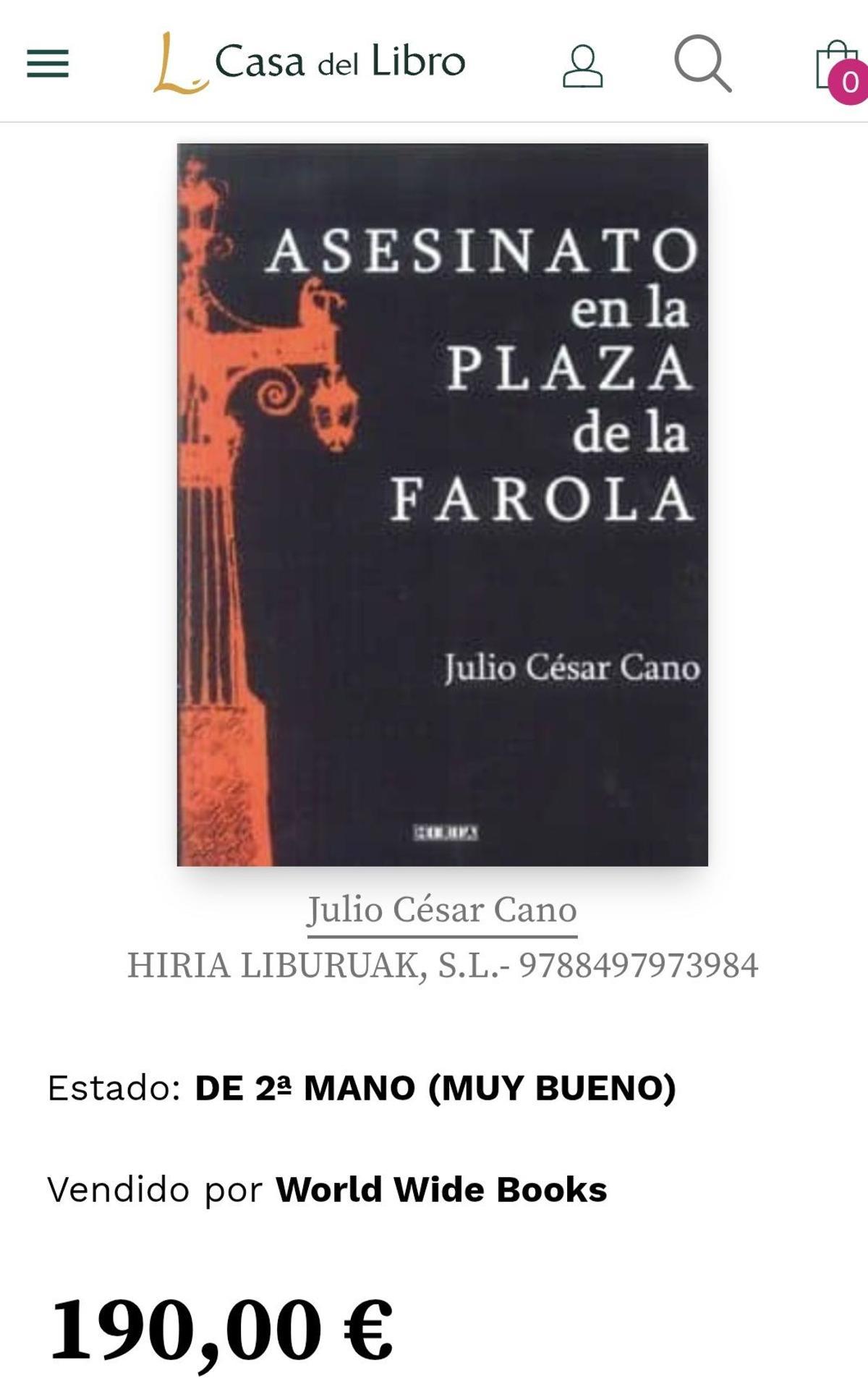 Captura de pantalla del precio de venta de la primera edición de 'Asesinato en la Farola' de Julio César Cano.
