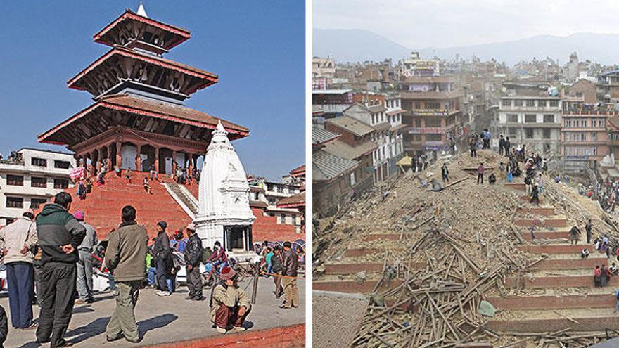 El templo de Vatsala Durga, antes y después del seísmo.