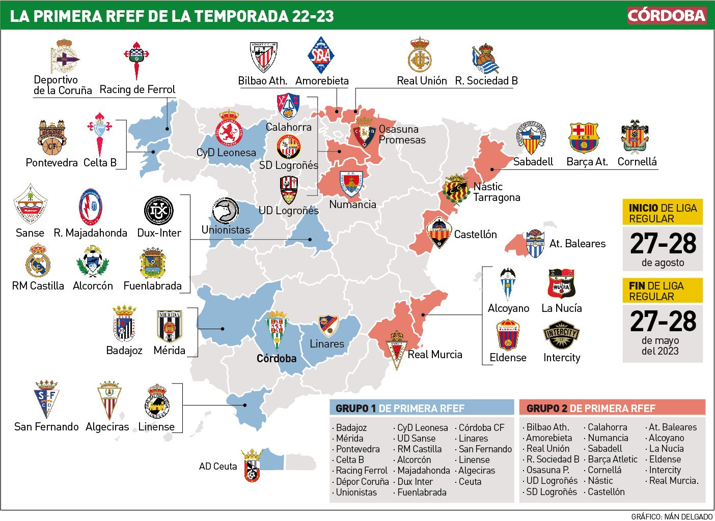 El mapa  de la Primera RFEF de la temporada 2022-23