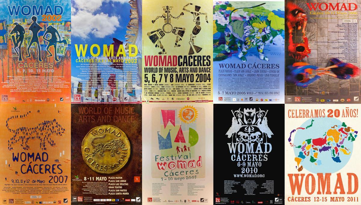 Carteles del Womad en Cáceres desde 2002 a 2011.