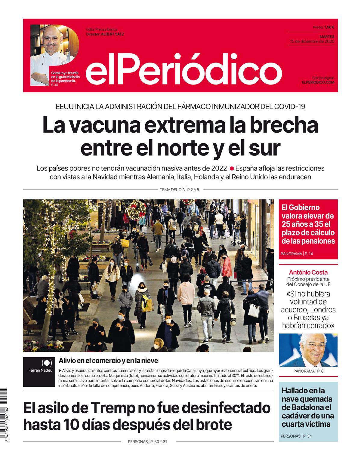 La portada d’EL PERIÓDICO del 15 de desembre del 2020