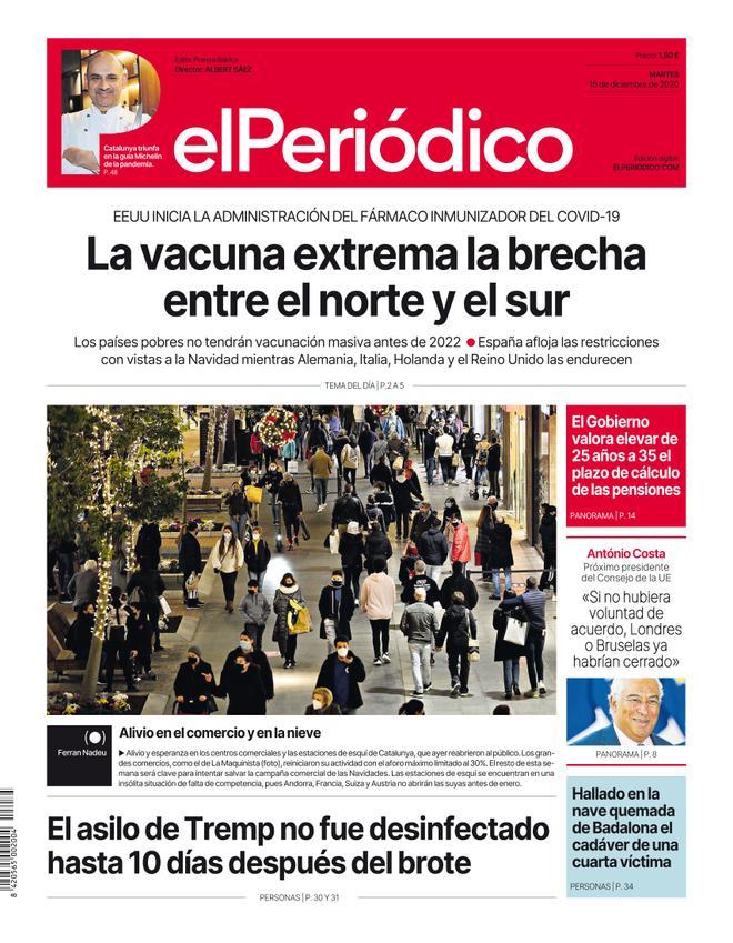La portada d’EL PERIÓDICO del 15 de desembre del 2020