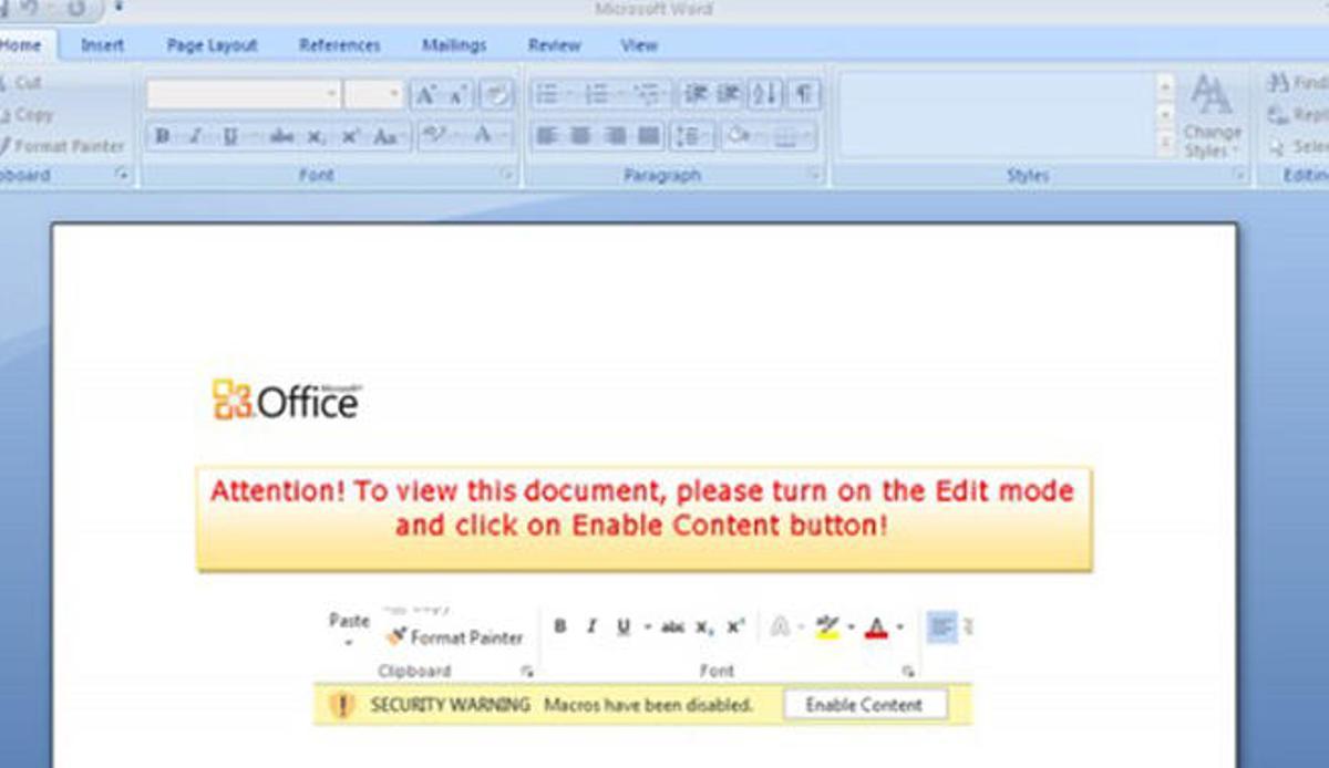 Captura del documento contenedor del virus.