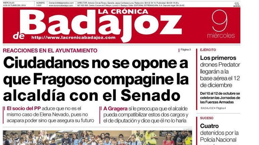 Esta es la portada de LA CRÓNICA DE BADAJOZ correspondiente al día 9 de octubre del 2019