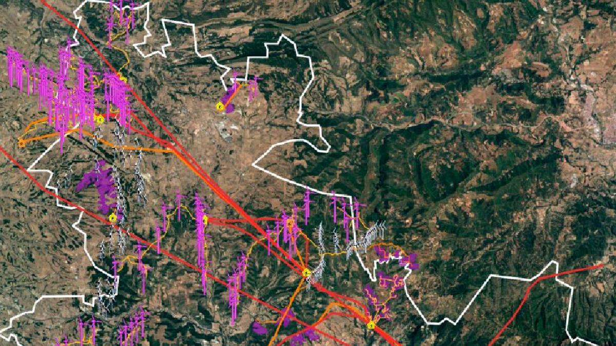 Mapa de parcs eòlics i solars, i de la xarxa elèctrica a l'Anoia