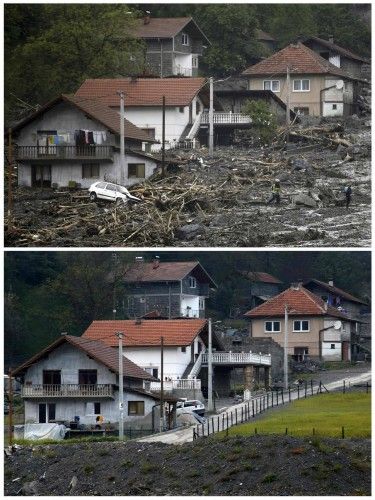 A combination photo shows people evacuating from their flooded houses during floods May 16, 2014 and the same place after floods October 8, 2014 in Topcic Polje