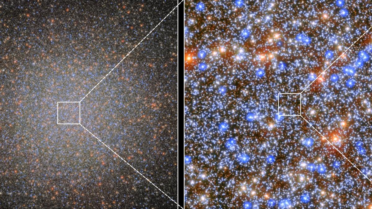 A la derecha, panorámica de Omega Centauri. A la izquierda, 'zoom' en la región donde se ha hallado un agujero negro.