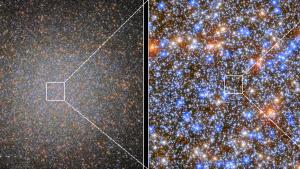 A la derecha, panorámica de Omega Centauri. A la izquierda, zoom en la región donde se ha hallado un agujero negro.