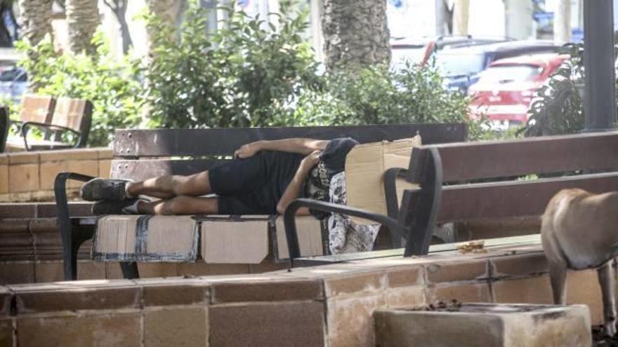 Un sin techo descansa en un banco en las inmediaciones de la estación de ferrocarril de Alicante.