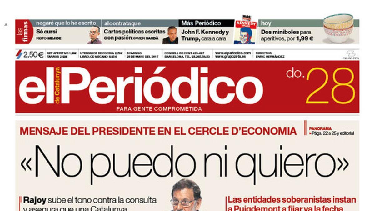 La portada de EL PERIÓDICO del domingo, 28 de mayo del 2017.