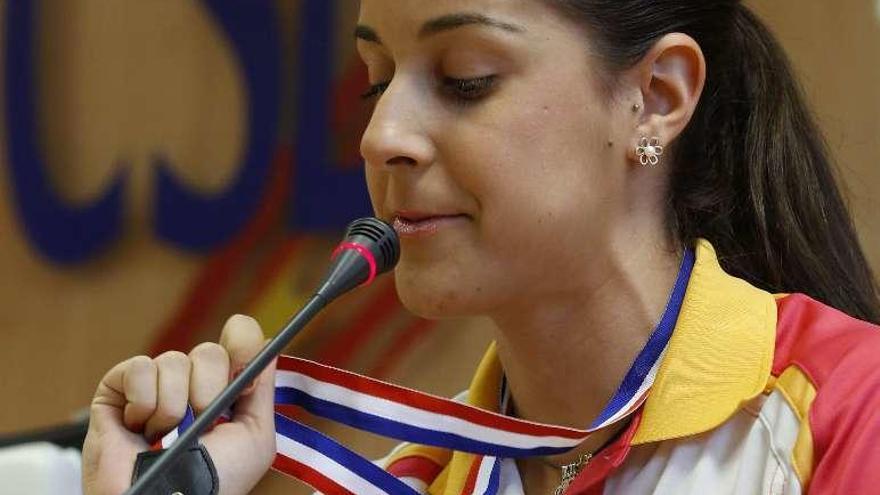 Carolina Marín, durante la rueda de prensa de ayer.