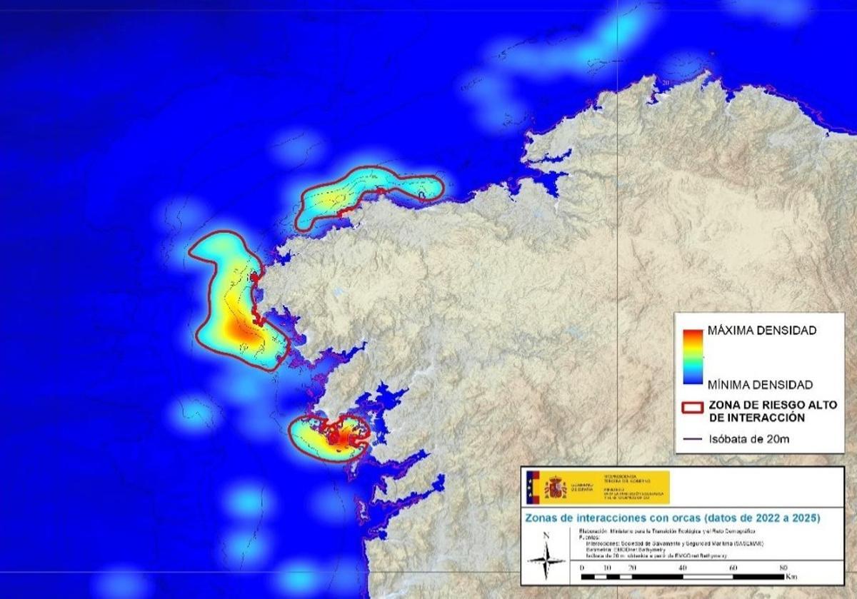 El mapa elaborado por el Gobierno para mostrar los puntos de observacción e interacción de orcas en la costa gallega.