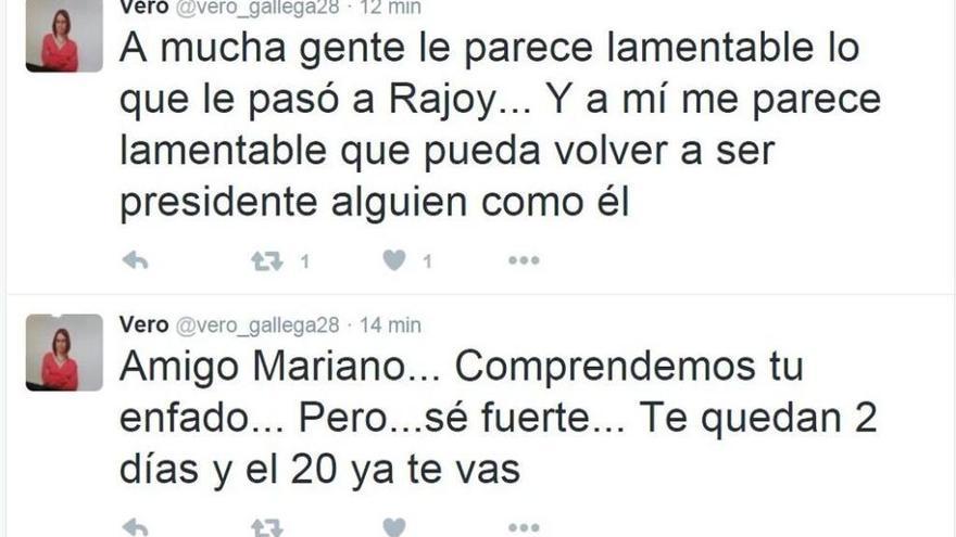 Mensajes de Twitter y Facebook de Verónica Montero, tras la agresión a Mariano Rajoy. // Faro