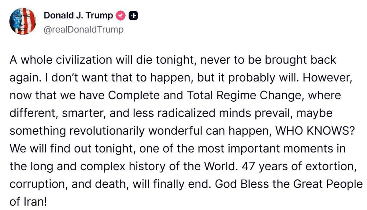 Mensaje de Donald Trump publicado en su red social Truth