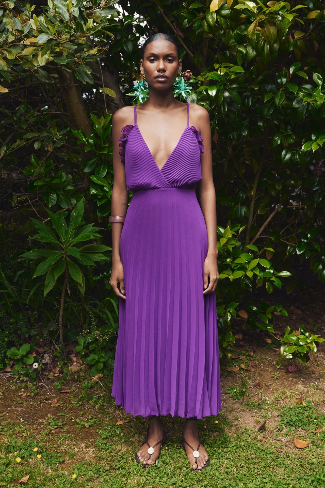 purple dress zara LONG FLOCKED TULLE DRESS - Purple