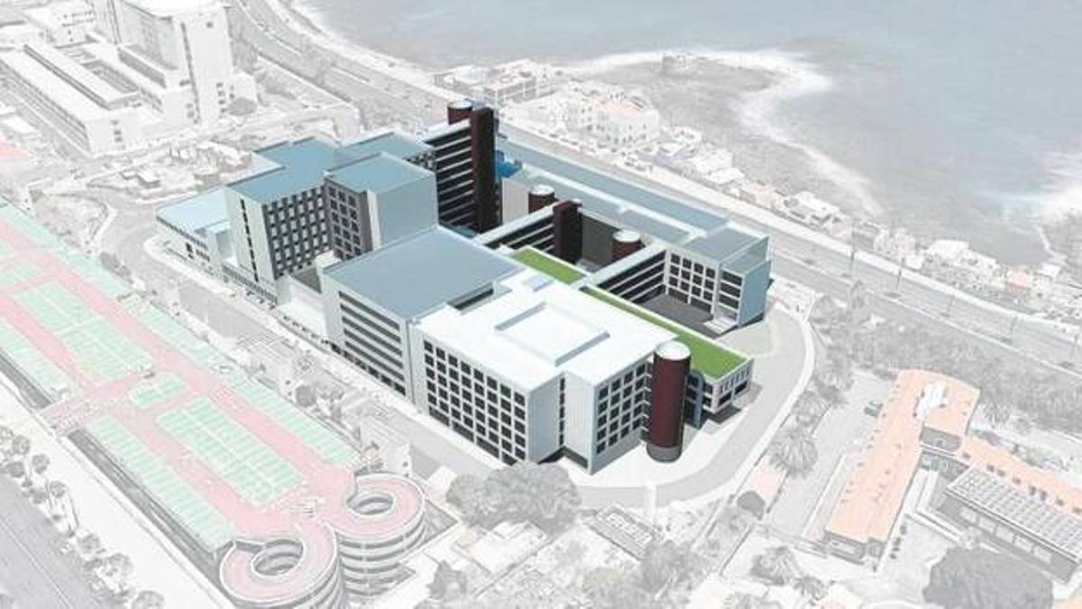 Reconstrucción virtual del Hospital Universitario Materno Infantil de Canarias, con la nueva torre a la derecha, en el edificio blanco.