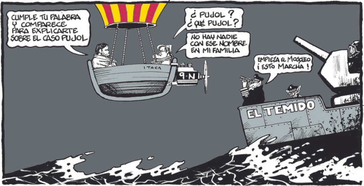 22 de diciembre del 2014. Viñeta de Ferreres en la que Mas se hace el despistado mientras Junqueras le reclama comparecer en el Parlament para dar cuenta del caso Pujol.