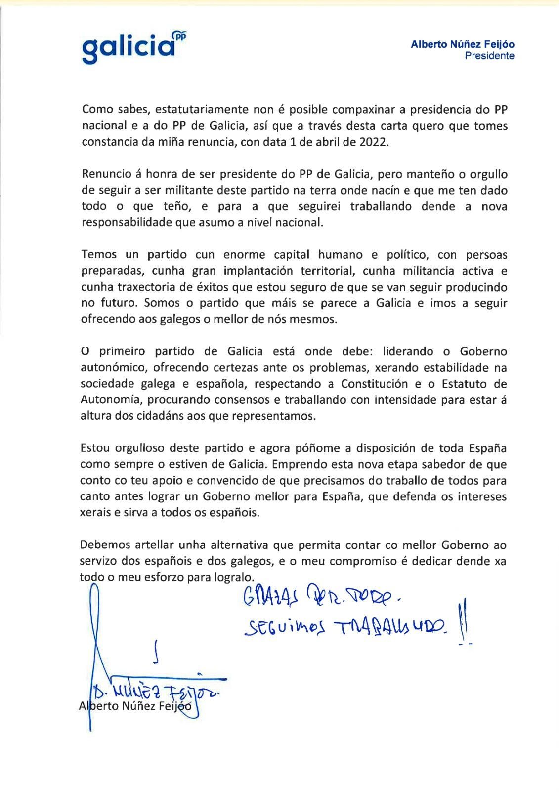 Segunda parte de la carta de Feijóo a los militantes del PPdeG